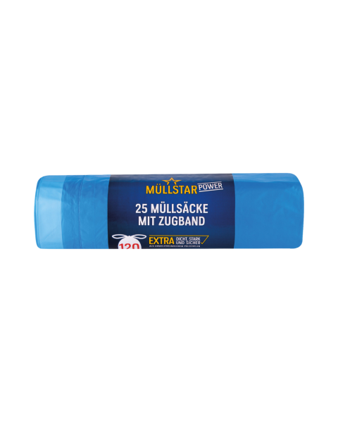 muellstar power Muellsaecke 120 Liter, mit Zugband, extra dicht, stark und sicher, blau transparent, 70 mal 100 plus 5 cm, aus Polyethylen, 25 Stueck